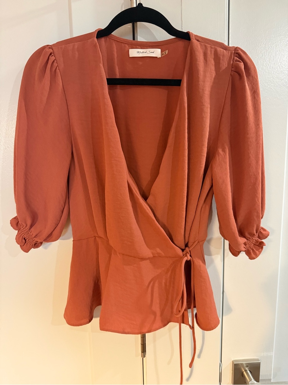Mustard Seed Rust-Orange Wrap Blouse with Puff Sleeves